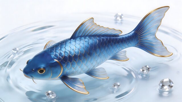 Blue and gold fish sculpture on water