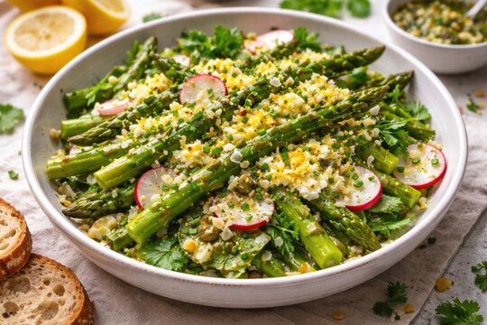 Springtime bright vegetarian asparagus salad featuring grated eggs and caper dressing