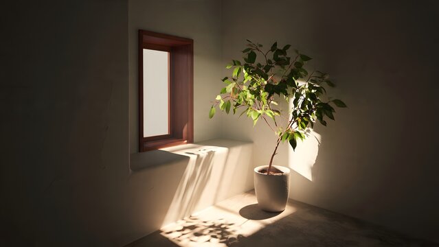 Sunny Plant in Potted Tree by Window in Minimal Room