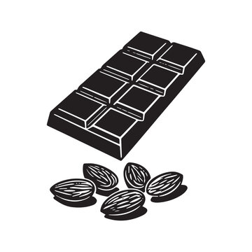 Dark Chocolate Bar With Roasted Almond Nuts Vector Illustration Black Silhouette Graphic.