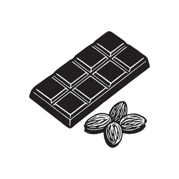Dark Chocolate Bar With Roasted Almond Nuts Vector Illustration Black Silhouette Graphic.