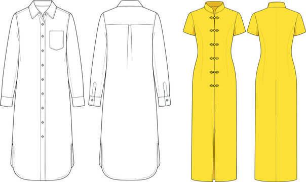 Technical Fashion Sketches of Shirt Dress and Cheongsam Dress with Collar, Button Placket, and Cultural Design Details