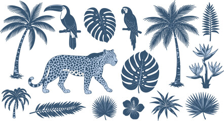 Fototapeta premium Tropical Jungle Wildlife Vector Icon Set with Leopard, Toucan, Parrot, Palm Trees, and Exotic Monstera Leaves for Nature Designs