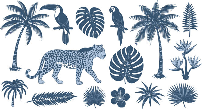 Tropical Jungle Wildlife Vector Icon Set with Leopard, Toucan, Parrot, Palm Trees, and Exotic Monstera Leaves for Nature Designs