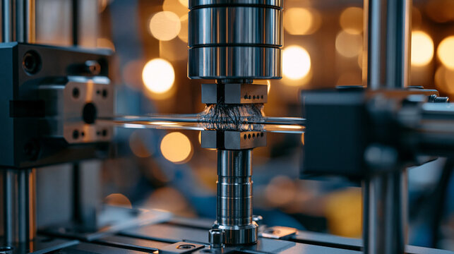 Materials science polymer tensile test in action, transparent specimen stretching to failure point in grips, stress whitening zone visible at center, candlelit warm ambient glow contrasting clinical