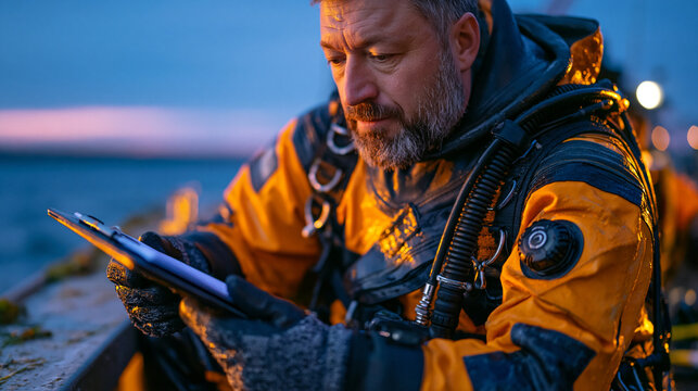Oceanographer in full dive preparation gear kneeling at boat stern edge, twilight horizon behind, equipment manifest checklist clipped to pressure-sealed board in gloved hands, perfect for marine sc