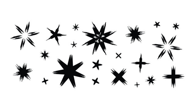 Set of black hand drawn various star scribbles and crosses for design elements on transparent background.