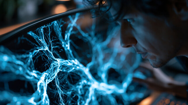 Quantum computing error correction visualization on curved monitor, branching qubit state trees rendered in electric cyan over dark background, researcher's silhouette reflected across screen surfac