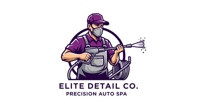Man in mask and cap operating a pressure washer for detailing.