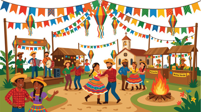 Vibrant Festa Junina celebration with people dancing quadrilha around a bonfire at a Brazilian country festival with food stalls music and colorful flags
