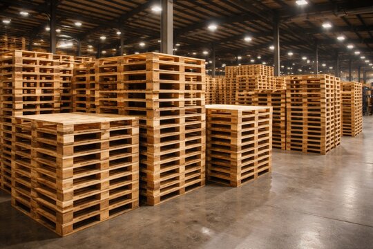 Organized stacks of wooden pallets on a factory floor