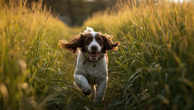 Blissful Welsh Springer Spaniel bounding through tall green evening grass
