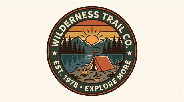 Retro wilderness trail co established 1978 circular badge logo featuring camping tent campfire mountain peaks and pine trees vector