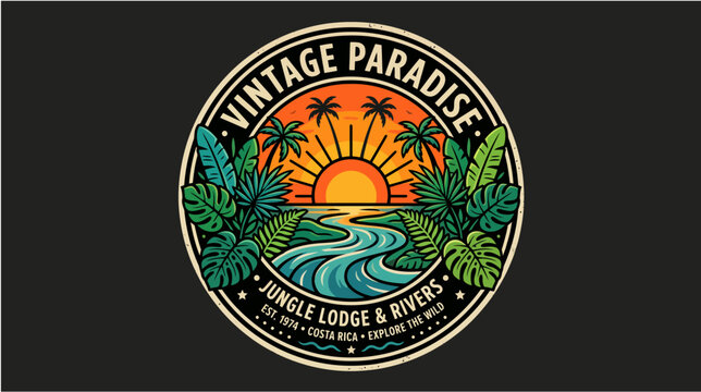 Vintage paradise jungle lodge and rivers round badge logo design with detailed tropical monstera leaves river stream and sunset