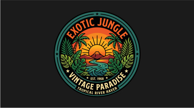 Retro exotic jungle vintage paradise circular emblem logo featuring a hidden volcano mountain tropical leaves and river stream vector
