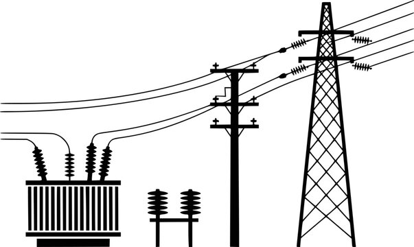 Black silhouette of electrical transformer, utility pole, and transmission tower with wires