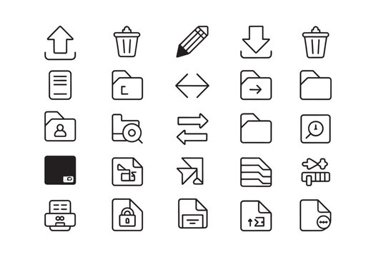 A collection of black outline representing various digital file management and computer operations including upload download delete edit search and folder organization on a white background