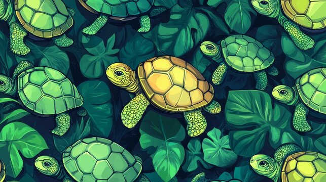 Colorful turtles walking and swimming create a seamless pattern on a white background