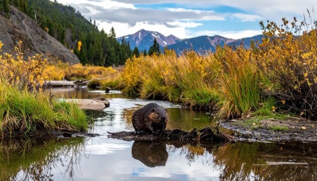 Wild Beaver Sitting Beside Mountain Stream in Autumn Wetland Landscape