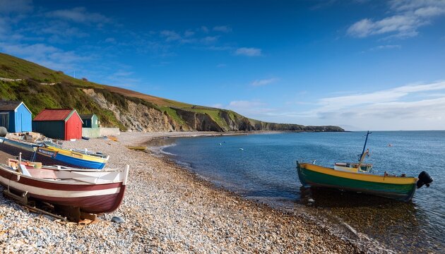 coastal pebble bay with old fishing boats and small shacks