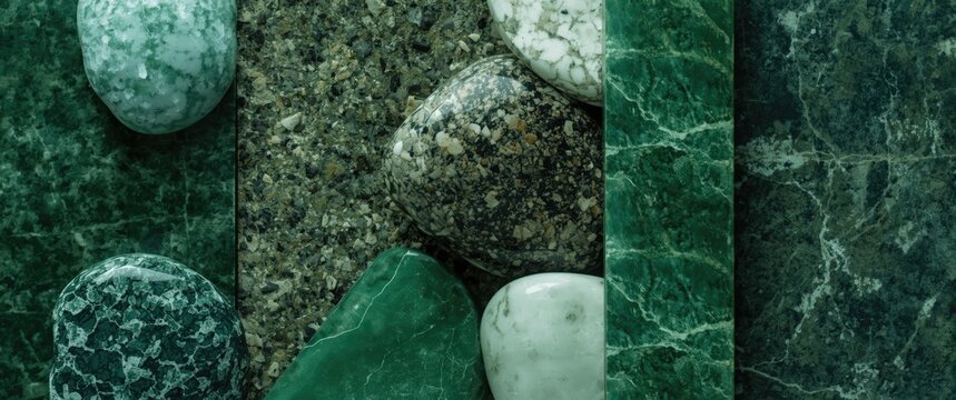 Assorted green stone textures including marble granite and jade with copy space suitable for design