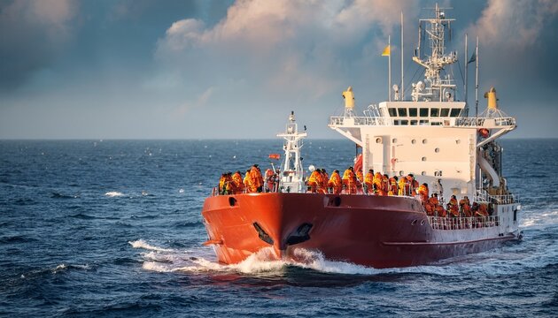 crew on a tanker ship practicing safety protocols for fire incidents at sea during a drill nconcept maritime safety ntanker ship training nfire drill protocol ncrew safety procedures