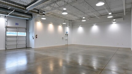 Fototapeta premium Spacious industrial warehouse interior with polished concrete floor and bright overhead lighting