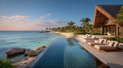 Fototapeta premium Luxury beachfront villa with infinity pool overlooking turquoise ocean and palm trees at sunset