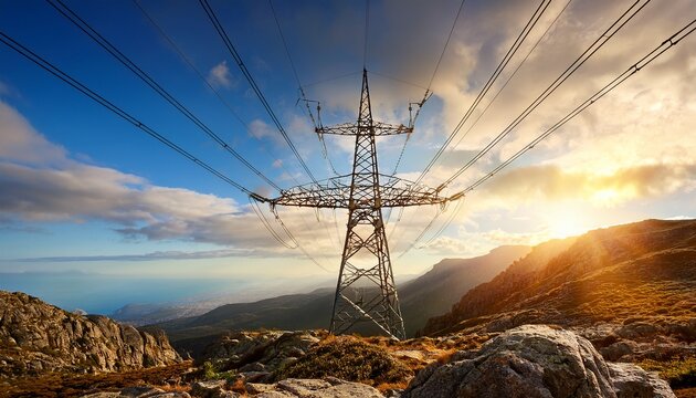 electricity pylon transmitting power over rugged landscape