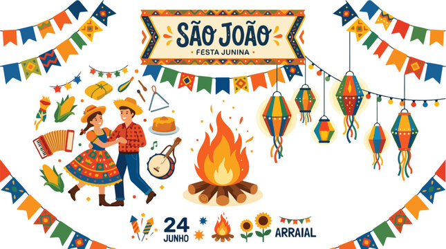 Colorful vector illustration for Brazilian Festa Junina celebration featuring a dancing couple bonfire lanterns flags and traditional food for Sao Joao festival