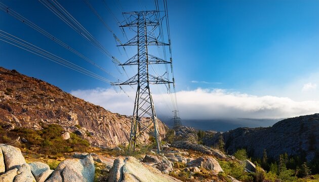 electricity transmission pylon towering over rocky landscape