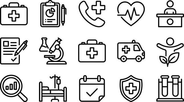 Medical and healthcare icons set with ambulance and microscope isolated on transparent background