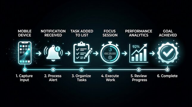 Workflow process infographic with glowing neon icons depicting task management steps from mobile input to goal completion on a dark background for productivity