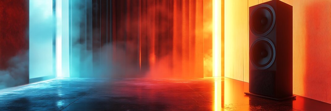 High end audio speaker system in modern architectural interior with dramatic neon lighting