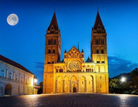 pecs cathedral illuminated at night under moonlight
