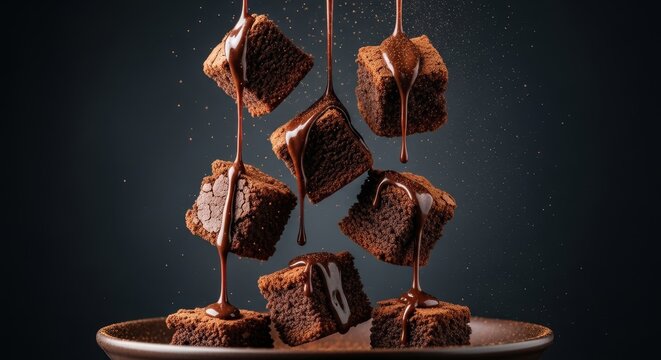 Delicious chocolate brownies with rich fudge sauce cascading down in a close-up studio