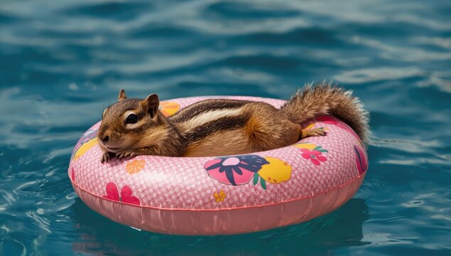 Chipmunk Relaxing on Inflatable Pool Float Calm Water Background, Playful Mood