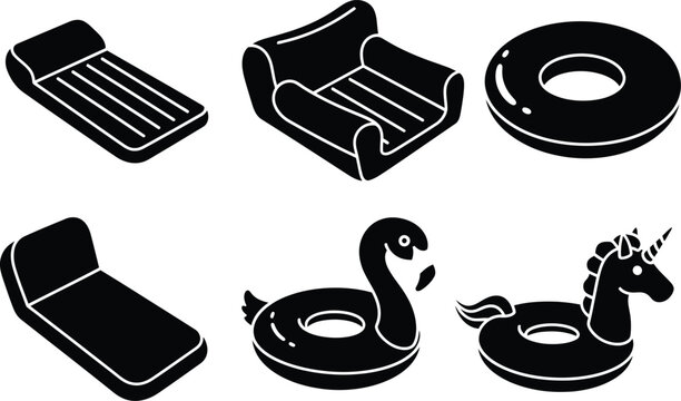 Pool float vector silhouette set inflatable unicorn ring duck summer icon collection