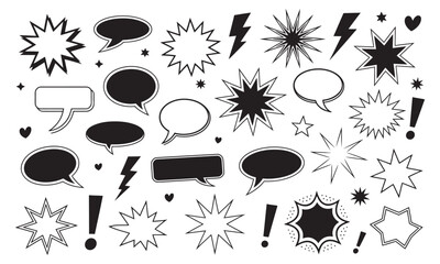 Comic Burst Explosion Vector Silhouette Set, retro pop art comic burst boom shapes speech bubbles vector illustration isolated white background design set © Alamin by vision 2
