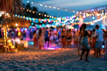 Obraz premium Beach party blurred background. Group of people on the tropical beach having a party on summer vacation 