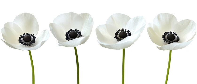 Set of four elegant white anemone flowers with dark centers isolated on png transparent background