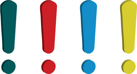 A striking arrangement of four three-dimensional exclamation marks each rendered in a distinct bold color: deep teal bright red vibrant blue and sunny yellow. The punctuation marks are presented  © Nazmul
