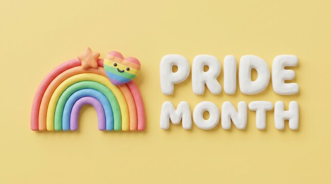 Pride Month typography with 3D clay rainbow, colorful heart and star on yellow background, LGBTQ pride celebration banner with cute claymorphism style