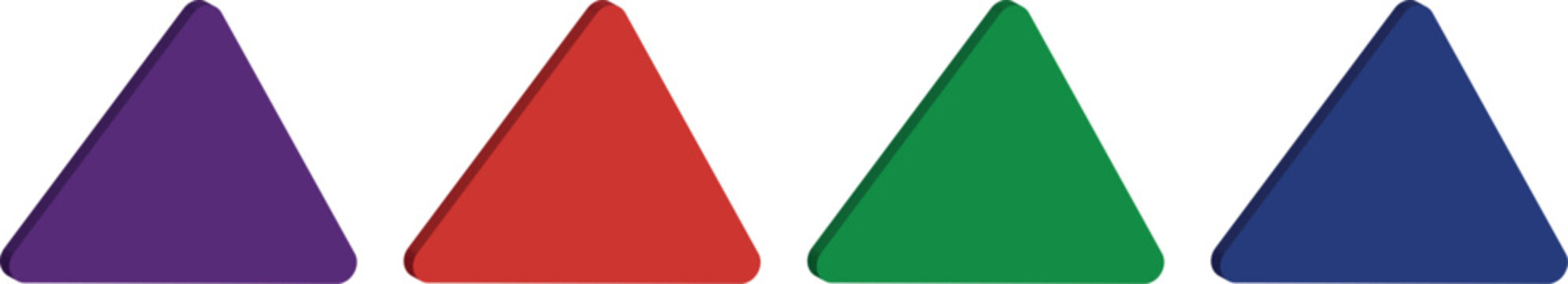 A set of four bold three-dimensional triangular shapes presented in a row against a stark white background. The triangles are rendered in deep rich colors: purple red green and blue