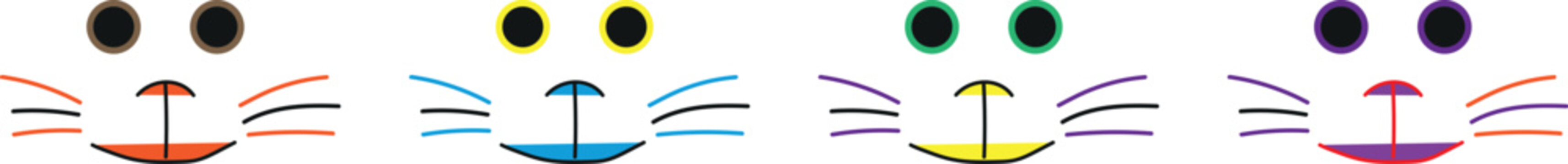 A delightful collection of four stylized cat faces each presented with unique eye colors and whisker styles. The eyes range from brown and yellow to green and purple paired with black pupils