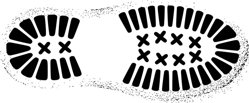 Black boot print with textured sole pattern and scattered dots white background footprint