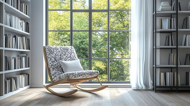 Bright living room interior with rocking chair bookshelves and large window overlooking lush greenery
