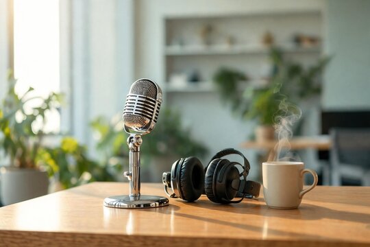 Micr&oacute;fono cl&aacute;sico vintage cromado de estilo retro dispuesto sobre una mesa de madera junto a unos auriculares de diadema negros y una taza de caf&eacute; blanca humeante. La escena est&aacute; iluminada por una sua
