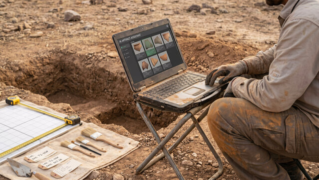 Field Archaeologist Using AI Assistant on Rugged Laptop at Remote Excavation Site, Pottery Fragment Analysis, Dig Site Research, Archaeology, Heritage Science
