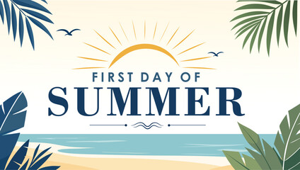 Obraz premium First Day of Summer Banner with Tropical Beach and Rising Sun